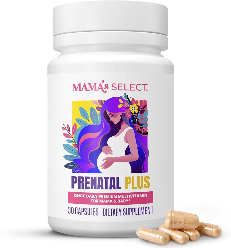 Mama 's Select Prenatal Vitaminer for Kvinder - Allergen- Free, MTHFR Friendly, Methylerede Folate & B Vitaminer, Easy- to- Digest, Understøtter føtal udvikling, Én gang dagligt, Vegan, Ingen biotin