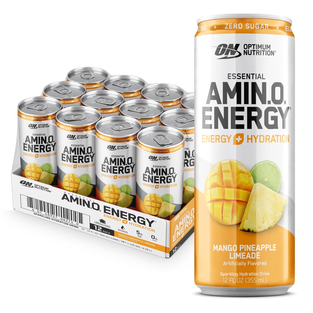 Optimum Nutrition Amino Energy Sparkling Hydration Drink, Elektrolyter, Koffein, Aminosyrer, BCAA, Sugar Free, Mango Pineapple Limeade, 12 Fl Oz, 12 Pack (Packaging May Vary)