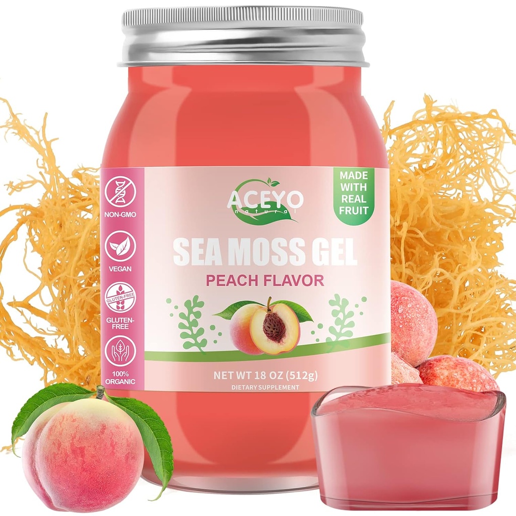ACEYO (18 OZ) Irish Sea Moss Gel Organic Raw Vegan Peach Flavor 102 Vitaminer og mineral Wild Harfted non-GMO immunforsvar Booster Thyroid fordøjelsesstøtte