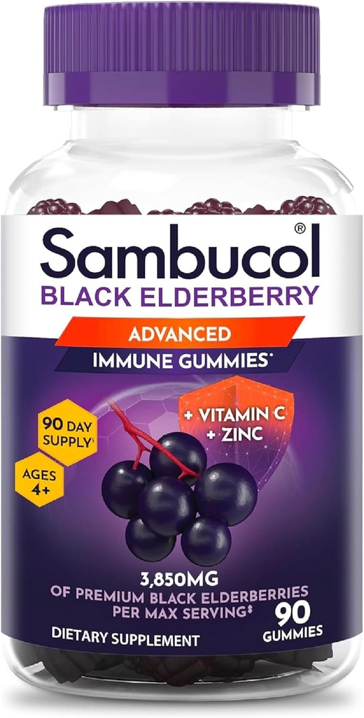 Sambucol Elderberry Gummies for voksne med C-vitamin; Zink; Sambucus Elderberry Gummies for immunstøtte med høje antioxidanter; Gluten Free; Vegan; 1 Gummy Per Serving; 90 Greve (90 Day Supply)