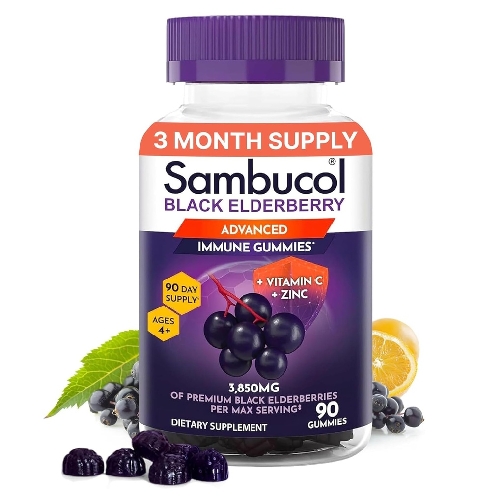 Sambucol Elderberry Gummies for voksne med C-vitamin; Zink; Sambucus Elderberry Gummies for immunstøtte med høje antioxidanter; Gluten Free; Vegan; 1 Gummy Per Serving; 90 Greve (90 Day Supply)