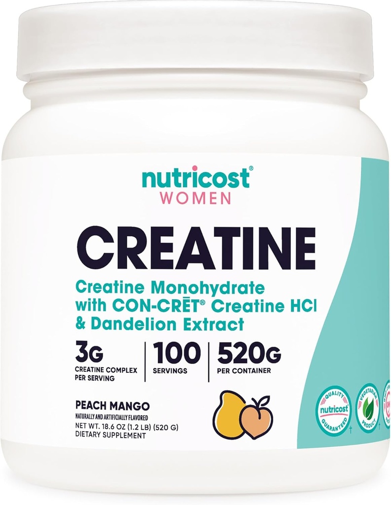 Nutricost Creatin monohydrat pulver til kvinder, Mikroniseret, Peach Mango, 100 Servere - Vegetarisk, Non- GMO, Gluten Free