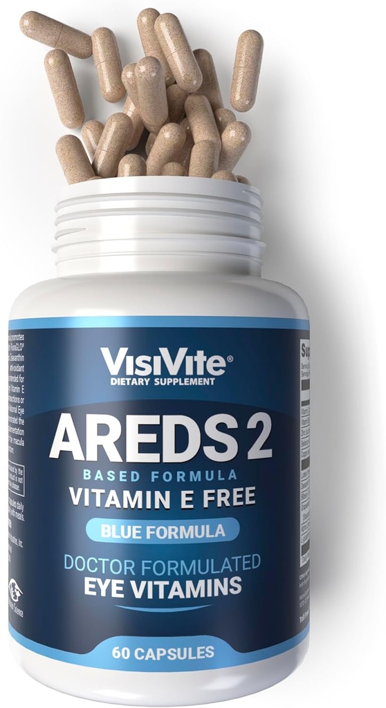 AREDS 2 Eye Vitaminer - VisiVite Vitaminer for øje sundhed uden E-vitamin - Eye Vitaminer for seniorer - Lutein og Zeaxanthin Kosttilskud - 60 kapsler