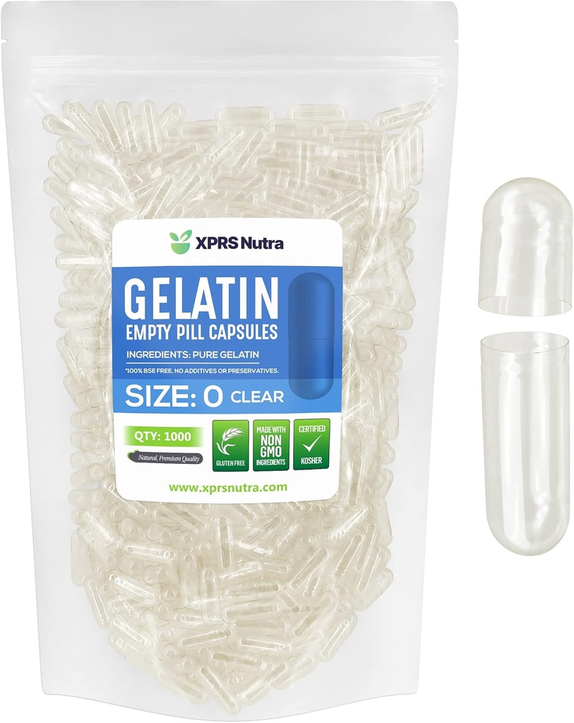 XPRS Nutra Størrelse 0 Clear Tom Gelatine Kapsler 1000 Count - Kosher og Halal - Pure Gelatine Pill Kapsel - DIY Powder Fyldning - Fyldbare Gel Caps Piller til DIY Kosttilskud