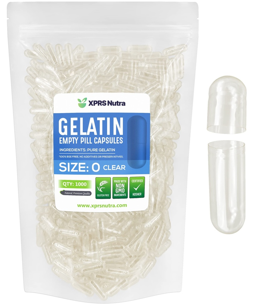 XPRS Nutra Størrelse 0 Clear Tom Gelatine Kapsler 1000 Count - Kosher og Halal - Pure Gelatine Pill Kapsel - DIY Powder Fyldning - Fyldbare Gel Caps Piller til DIY Kosttilskud