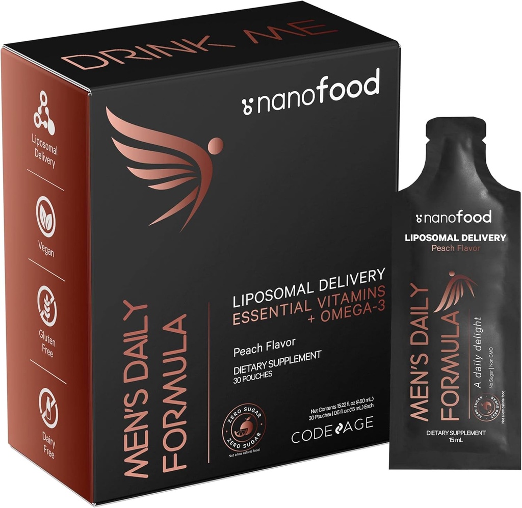 Kodeage Daglige mænd flydende vitaminer supplement - Liposomal Multivitamin A, B, C, D, E, Biotin, Omega-3 & Omega-9 - Folate, Niacin, BlackBerry, Vegan - Sugar- Free & Non- GMO - 30 Pouches
