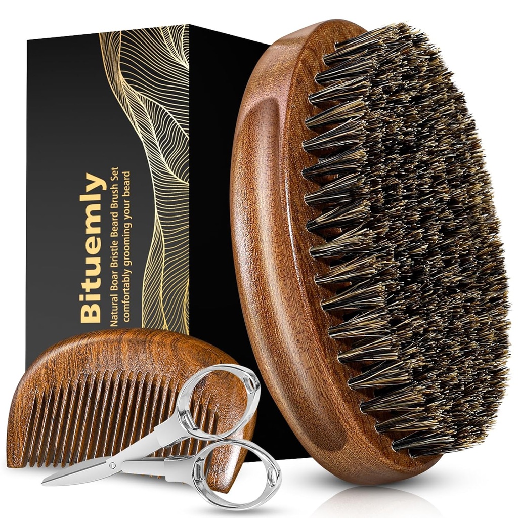 Beard Brush, Natural vildsvin Bristles Beard Brush til mænd og Wooden Sandalwood Pocket Beard Beard Comb Set, Ansigtspleje Hår Grooming Kit med Mustache Saks som et Styling værktøj, Vækst, Detangles, Shine