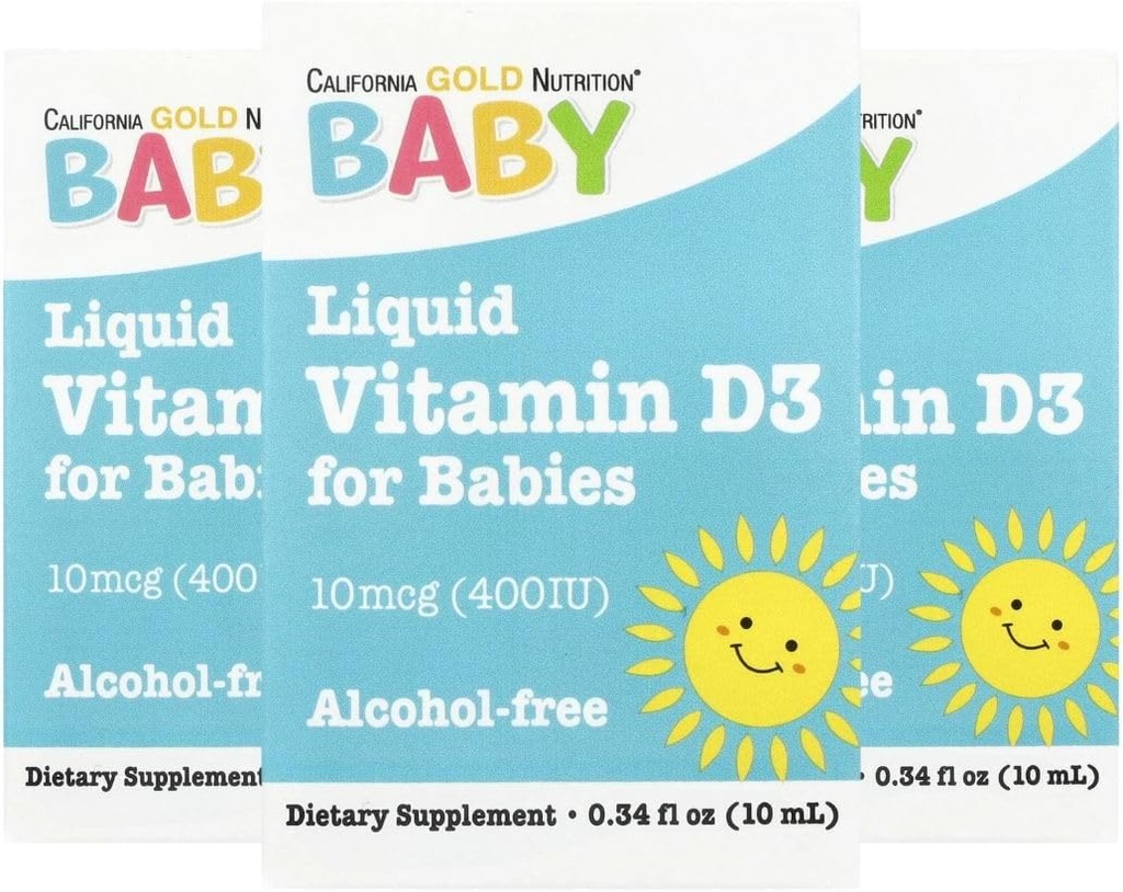 California Gold Nutrition Baby Vitamin D3 - Flydende D3 Supplement til Babyer, Vegetarisk Friendly - Udviklingsstøtte - Alkohol & Gluten Free, Non- GMO - 10 mcg (400 IE) - 0,34 fl oz (10 ml), 3