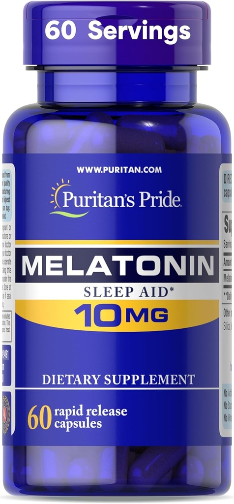 Puritans Pride Premium Super Strength Melatonin 10mg dvalehjælp, Kosttilskud til lyd, afslappende og længere dvalestøtte, 2 måneders forsyning, 60 hurtige release kapsler