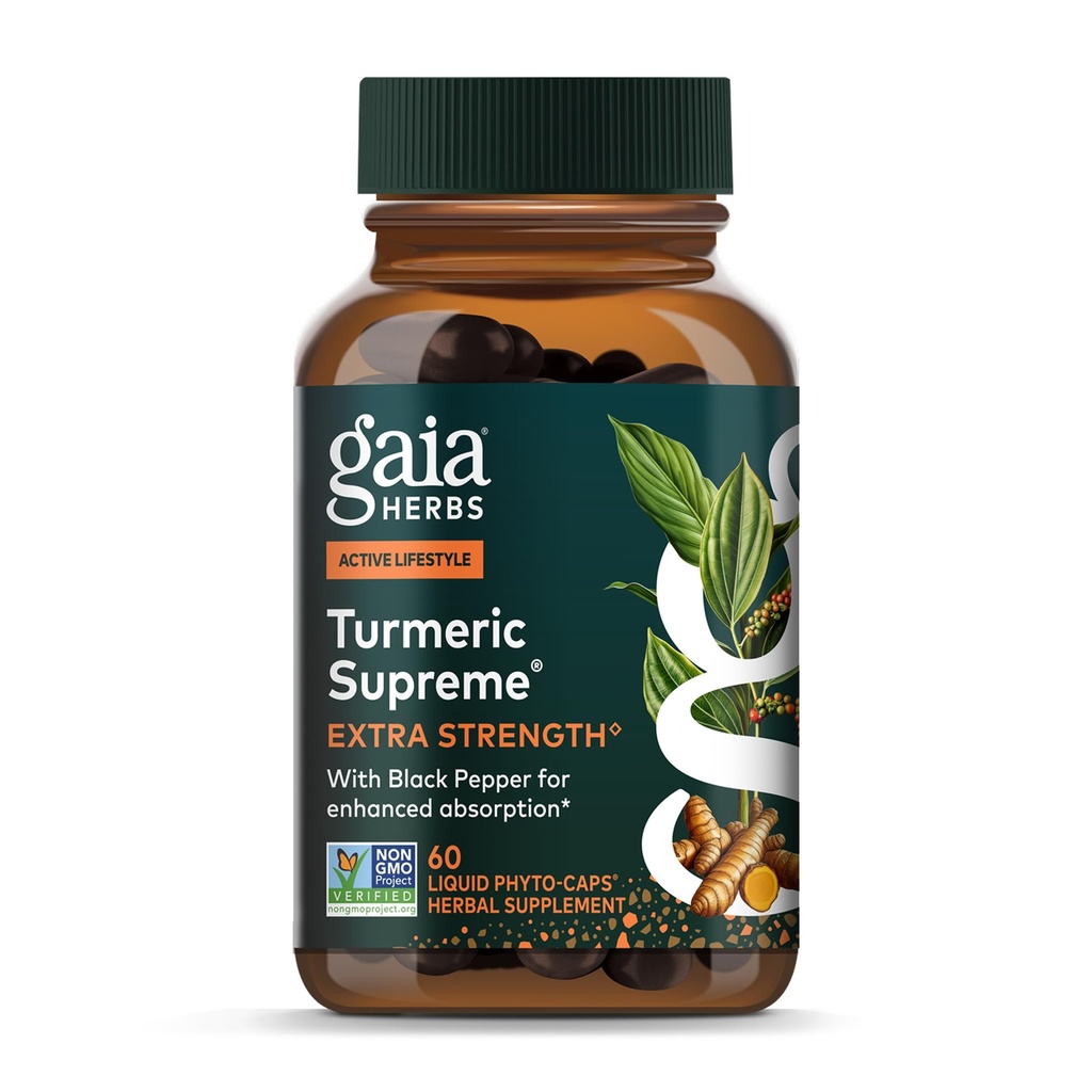 Gaia Urter Gurkemeje øverste ekstra styrke - understøtter lejlighedsvis ubehag fra normal slid og tåre * - med gurkemeje & sort pepper - 60 Vegansk flydende Phyto- kapsler (op til 60-dages forsyning)