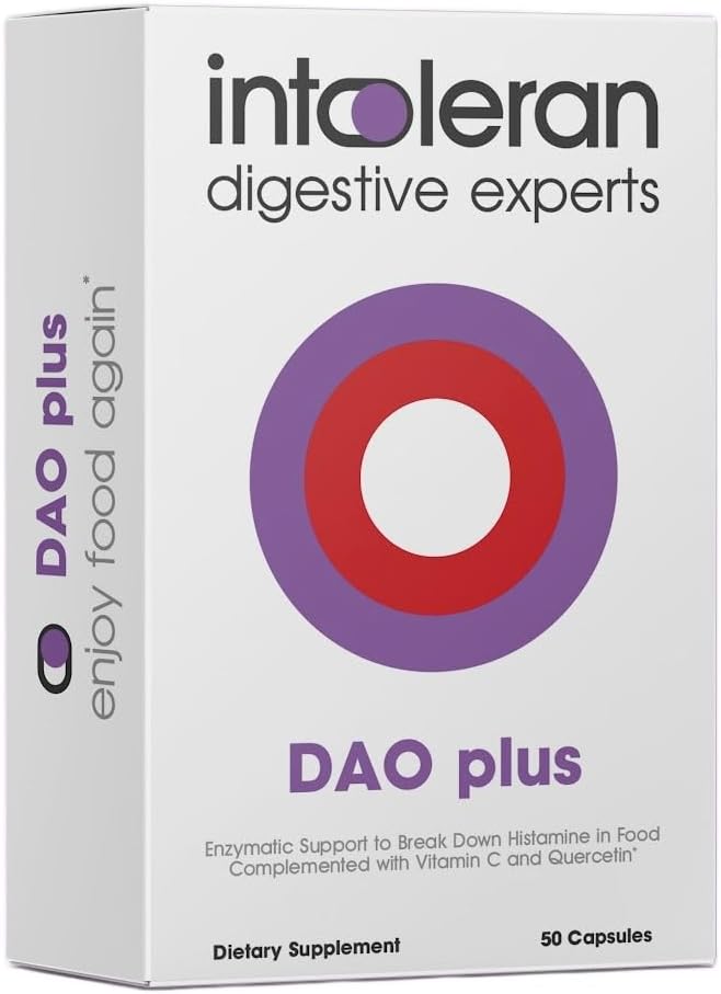 Intoleran DAO Plus fordøjelsesenzymer - 50 Kapsler - 124; Supplement for Histamin Intolerance & DAO Mangel på 124; Sunde Histamin Niveauer - 124; 30.000 HDU Diaminoxidase (DAO) Enzyme - 124; C-vitamin & Quercetin