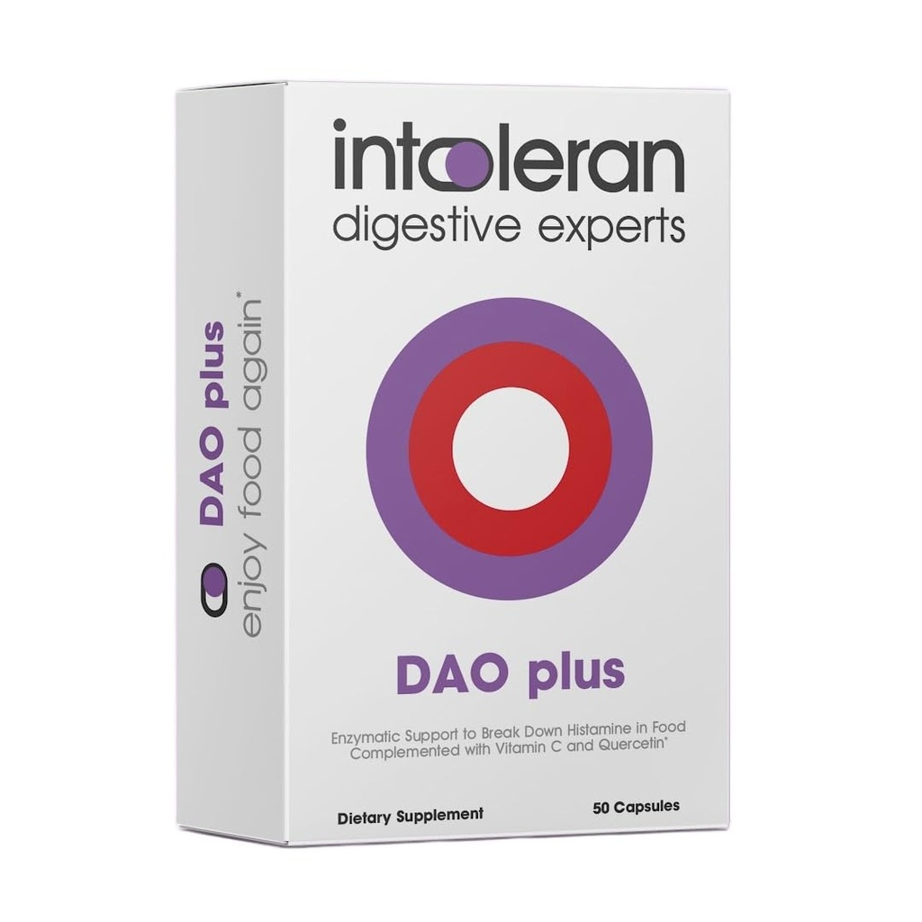 Intoleran DAO Plus fordøjelsesenzymer - 50 Kapsler - 124; Supplement for Histamin Intolerance & DAO Mangel på 124; Sunde Histamin Niveauer - 124; 30.000 HDU Diaminoxidase (DAO) Enzyme - 124; C-vitamin & Quercetin