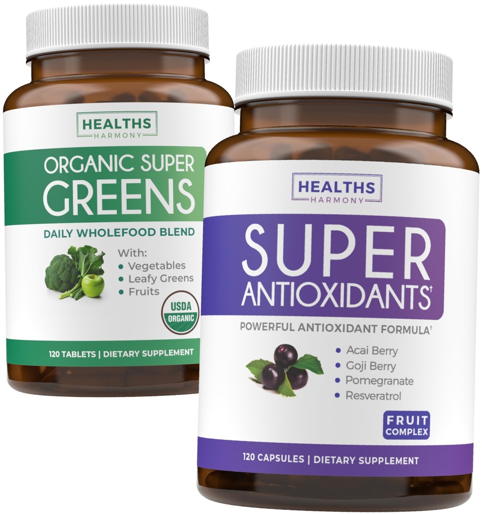 Super Grønne & Antioxidanter (2-måned Tilgang) Antioxidant Power Green Bundle of Organic Super Green Powder - Komplet Superfood (120 kapsler) & Super Antioxidanter - Kraftfuld Superfood (120 kapsler)