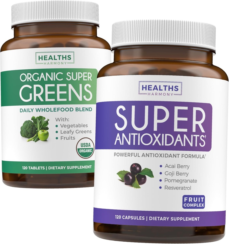 Super Greens & Antioxidants (2-Month Supply) Antioxidant Power Greens Bundle of Organic Super Greens Powder - Complete Superfood (120 Capsules) & Super Antioxidants - Powerful Superfood (120 Capsules)