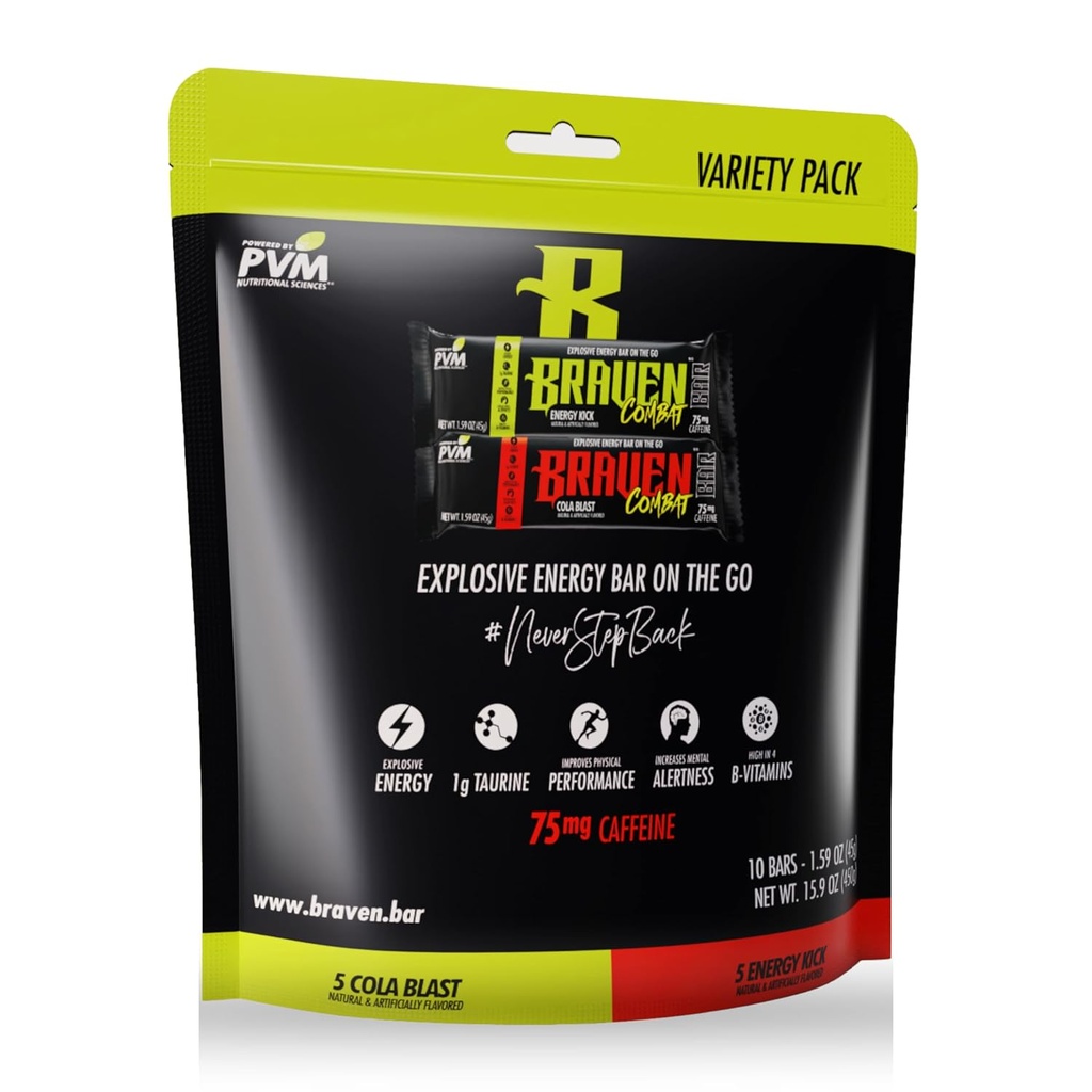 Braven Combat Variety Pack Energy Bars med koffein (1.59 oz, Pack of 10) - On- The- Go Energy Bars med 75mg koffein - Gluten Free Snacks
