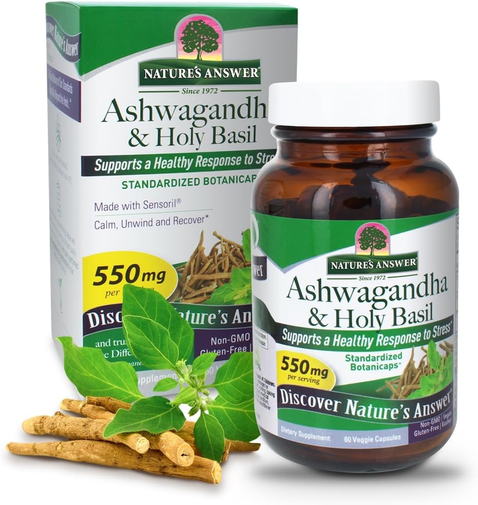 Naturens svar Ashwagandha Root med Hellige Basilikum 60 Kapsler Budding124; Understøtter en sund reaktion på stress * Budding124; Slap af og Unwind *.
