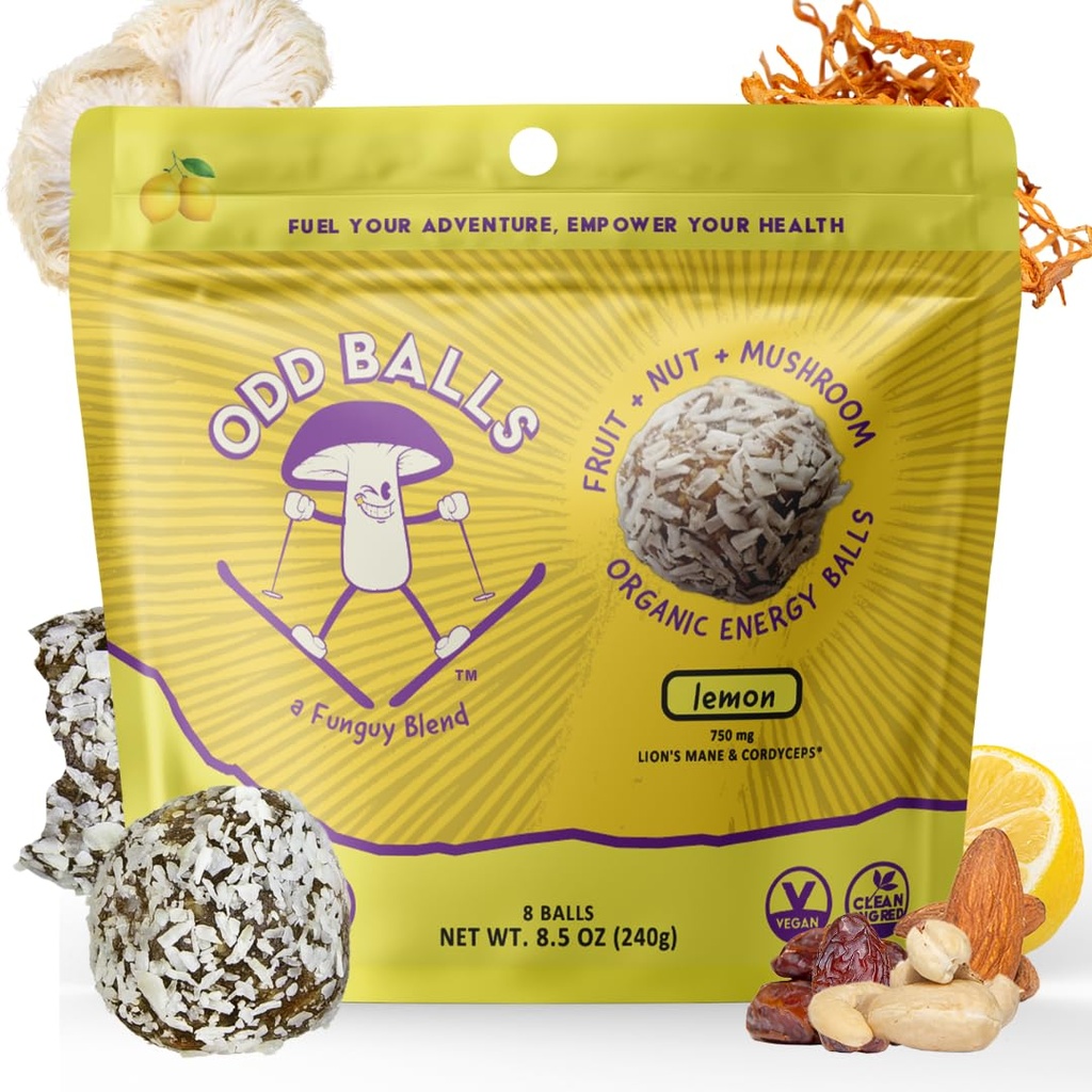 ODD BALLS Organic Energy Balls Lemon - Superfood Mushroom Snack - Løbetræning, Cykling, Vandreture - Gels, Barer Alternativ - Lions Mane Focus, Cordyceps Energy - Vegan, Gluten Free Snacks til børn og voksne