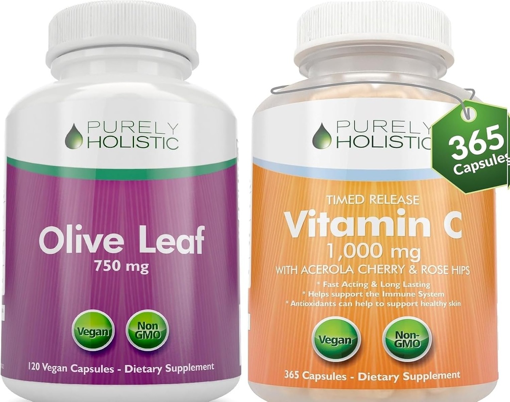 Rent holistiske Olive Leaf Extract 750mg + C-vitamin 1000mg 2 Stage Release Bundle - 485 Vegan Kapsler - Made in The USA