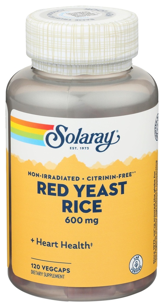 SOLARAY Red Yeast Rice 600mg System Support, Ikke-bestrålet & Ingen Citrinin, Lab Verified, 120 VegCaps
