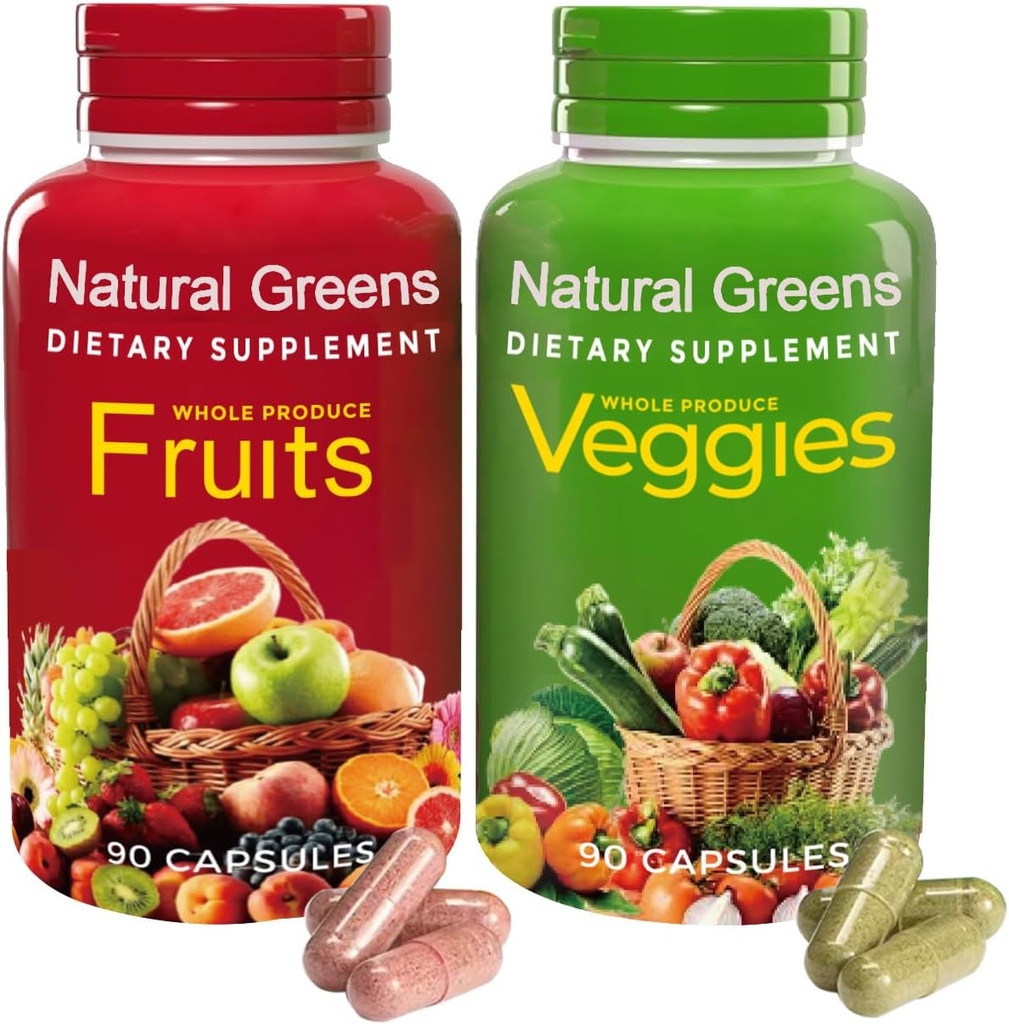 NATURGREENS Organiske Frugter & Grøntsager Supplement - Superfood kapsler med vitaminer og probiotika - Understøtter fordøjelse, immunitet, energi & Gut sundhed - 180 kapsler til voksne og børn