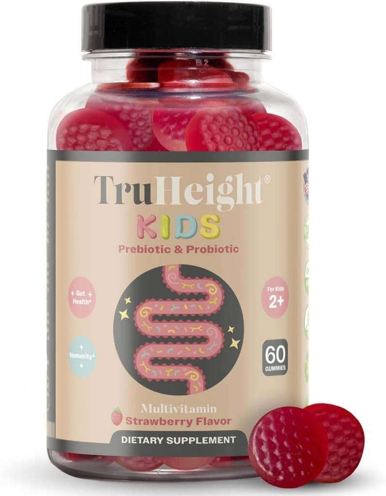 Truhood Kids Prebiotic & Probiotic Gummies Age 2 + (Strawberry Flavor) Toddlers & Kids All Natural Gut Health, fordøjelsesfremmende enzymer & constipation Relief Supplement - Pædiatriske anbefalede vitaminer
