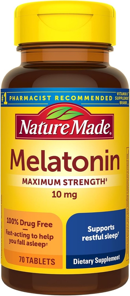 Nature Made Melatonin 10mg Maximum Strength Tablets, 100% Drug Free Sleep Aid for Adults, Melatonin for Adults, 70 Count, 70 Day Supply