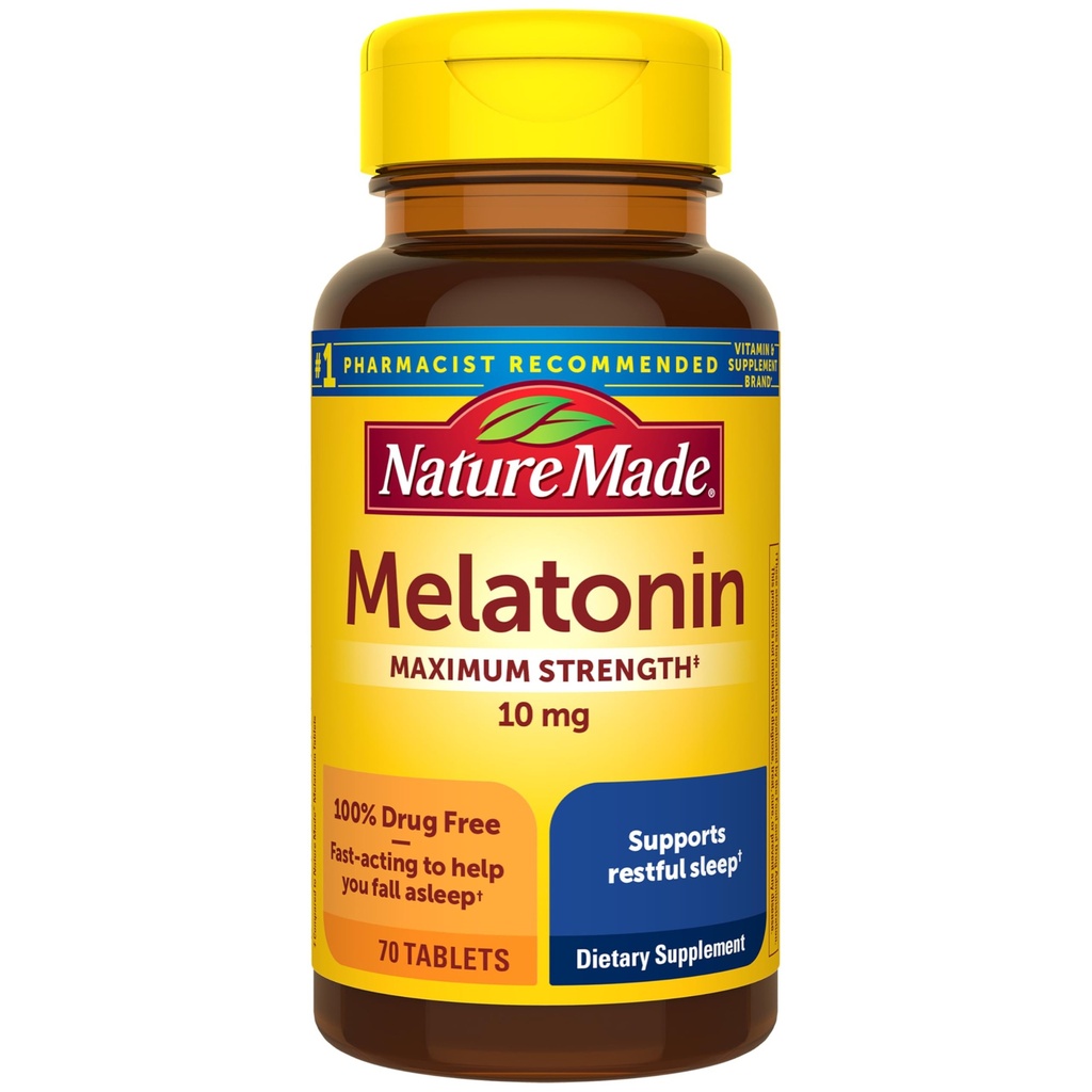 Nature Made Melatonin 10mg maksimal styrke tabletter, 100% medicin gratis sovestøtte til voksne, Melatonin til voksne, 70 greve, 70 dages forsyning
