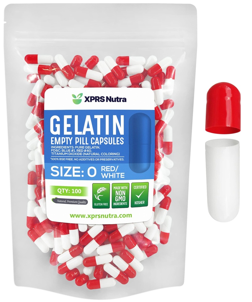XPRS Nutra Size 0 Empty Capsules - 100 Count Empty Gelatin Capsules - Pill DIY Capsule Filling - Pure Bovine Pill Gel Caps for Do-It-Yourself Supplements (Red/White)