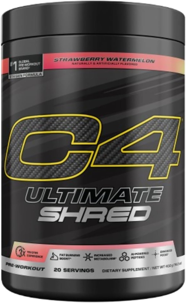 Cellucor C4 Ultimate Shred Pre Workout Powder, Fat Burner til mænd og kvinder, vægttab supplement med Ginger Root Extract, Strawberry Watermelon, 20 Servering, 12.3 Ounce (pakke med 1)