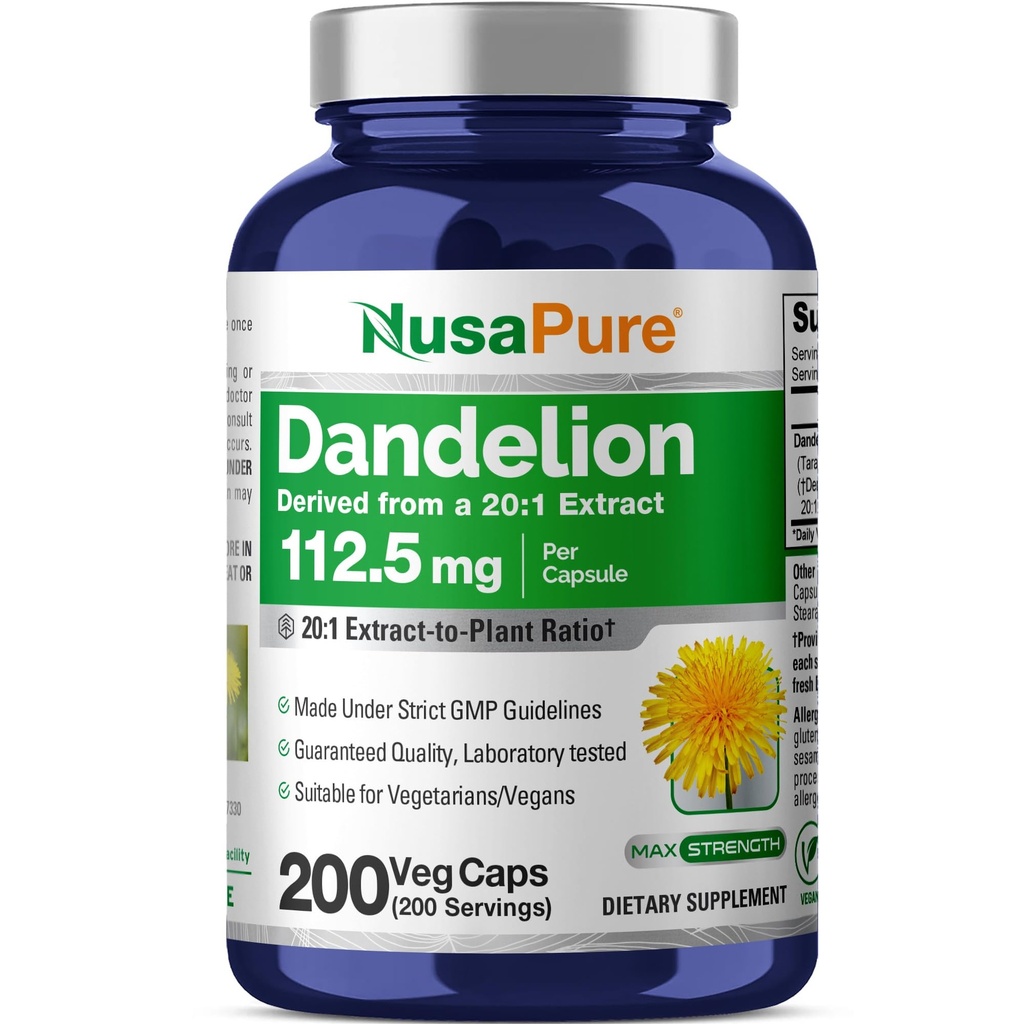 NusaPure Mælkebøtte Root 20: 1 Extract, 112,5 mg Ækvivalent med 2,250 mg 200 Veggie Kapsler (ikke- GMO, Vegan)