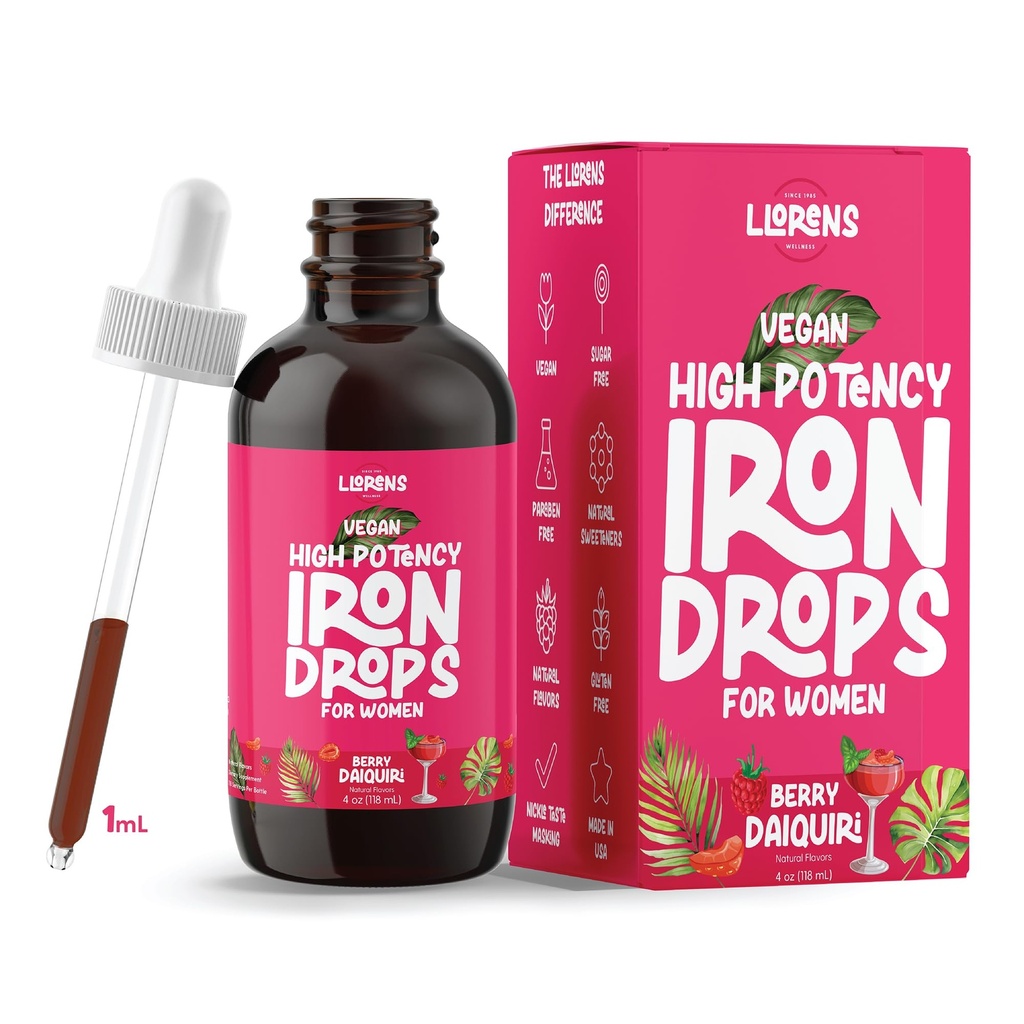 LLORENS LÆGEMIDDELFORM for kvinder jerndråber Daglig støtte, 20 mg polysaccharide Complex fri smag, naturlige sødestoffer, Vegan og Paraben fri (Berry Daiquiri, 4 Fl Oz)