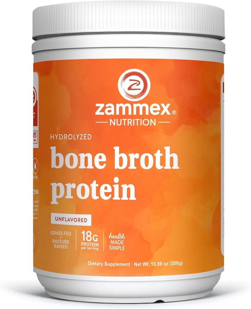Zammex 100% Grass- Fed Beef Bone Broth Protein Powder, 20G Protein, Hydrolyzed Collagen Peptider Type 1 & 3, Understøtter sund hud, negle, hår, Joints, Non- GMO, Gluten Free, Paleo & Keto Friendly