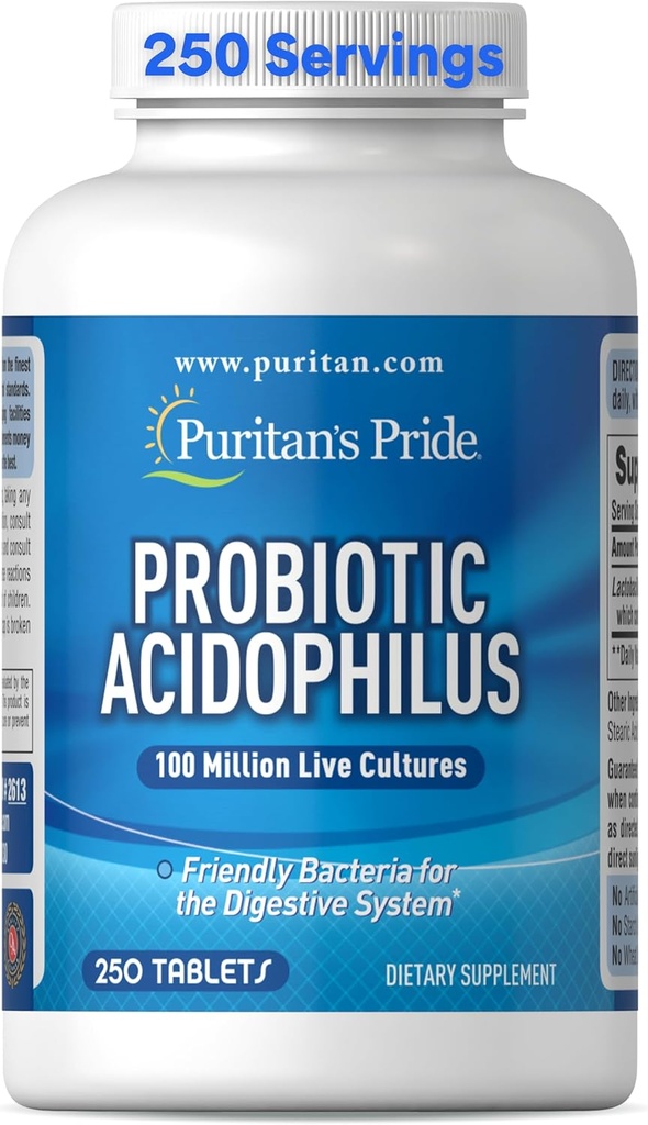 Puritan 's Pride Daily Probiotic Acidophilus, 100 Million Live Cultures, Kosttilskud til fordøjelse, Gut, og immunsundhed, Soja, Natrium, og Gluten Free, 8 Måned Supply, 250 Tablets