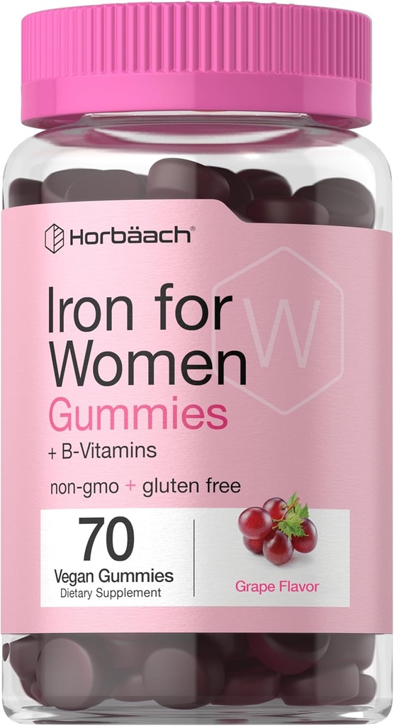 Horbäach Iron Gummies for Womens; 70 Greve Memory 124; Grape Flavor 124; Supplement med B Vitaminer Folat og Zink124; Vegan, Non- GMO & Gluten Free