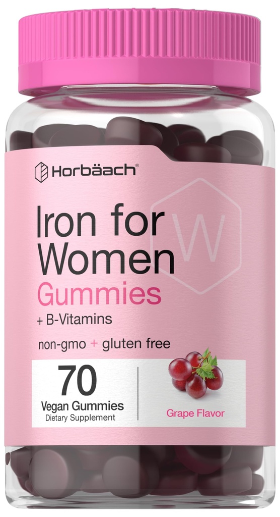 Horbäach Iron Gummies for Womens; 70 Greve Memory 124; Grape Flavor 124; Supplement med B Vitaminer Folat og Zink124; Vegan, Non- GMO & Gluten Free