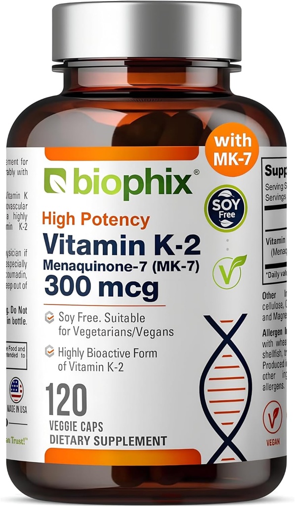 biophix vitamin K2 MK- 7 300mcg, 120 Veganske kapsler - højpotens supplement for ben Styrke og immunforsvar