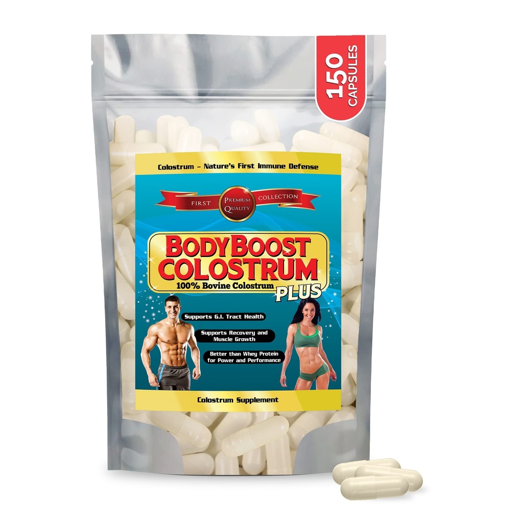 BodyBoost Colostrum Kapsler, 100% Bovine Colostrum Powder, Immunbooster tillæg med immunoglobulin & Lactoferrin, Super Food for Gut Health, Diverse Indtagelse, 150 Kapsler