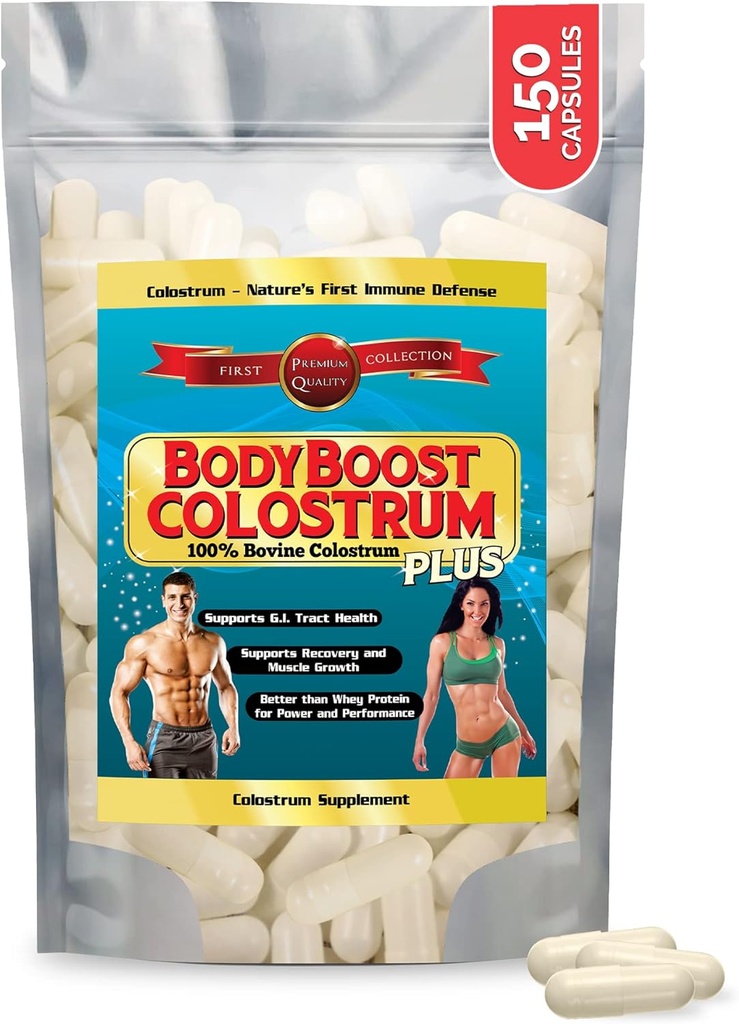 BodyBoost Colostrum Kapsler, 100% Bovine Colostrum Powder, Immunbooster tillæg med immunoglobulin & Lactoferrin, Super Food for Gut Health, Diverse Indtagelse, 150 Kapsler