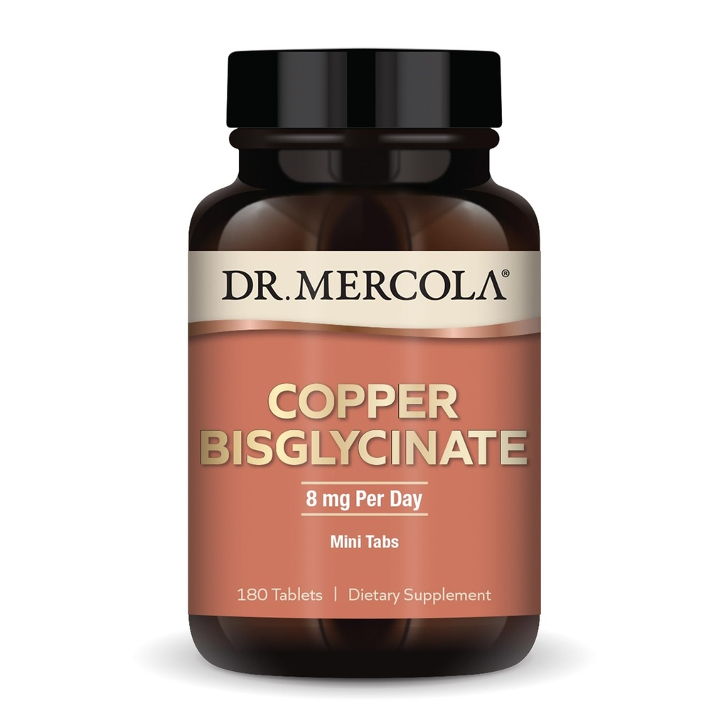 Dr. Mercola Copper Bisglycinate, 90 Servere (180 tabletter), Kosttilskud, 8 mg per dag, Mini Tabs, Understøtter samlet sundhed, Ikke GMO