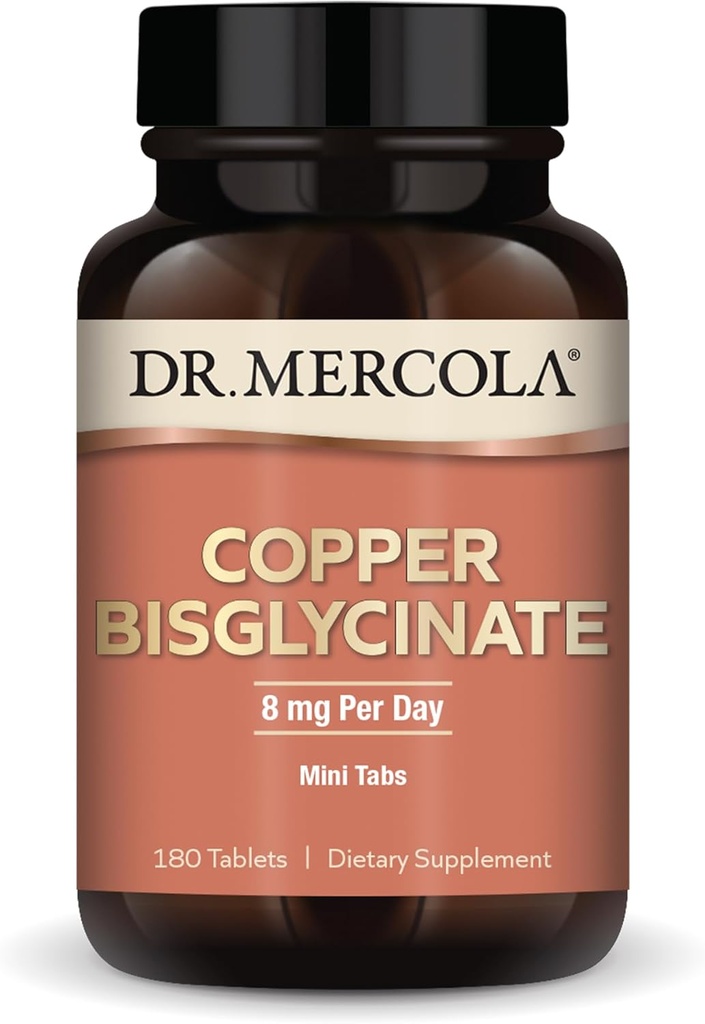 Dr. Mercola Copper Bisglycinate, 90 Servere (180 tabletter), Kosttilskud, 8 mg per dag, Mini Tabs, Understøtter samlet sundhed, Ikke GMO