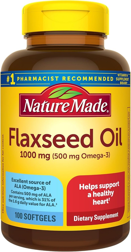 Nature Made Flaxseed Oil 1000 mg, Fish Free Omega 3 Supplement, Dietary Supplement for Heart Health Support, 100 Softgels, 100 Day Supply