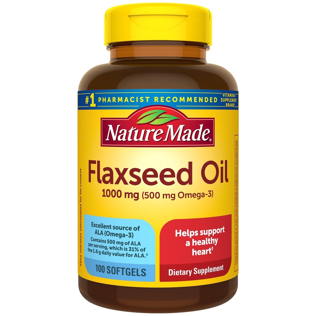 Nature Made Flaxseed Oil 1000 mg, Fish Free Omega 3 tillæg, Kosttilskud til hjerte sundhed support, 100 Softgels, 100 dages forsyning