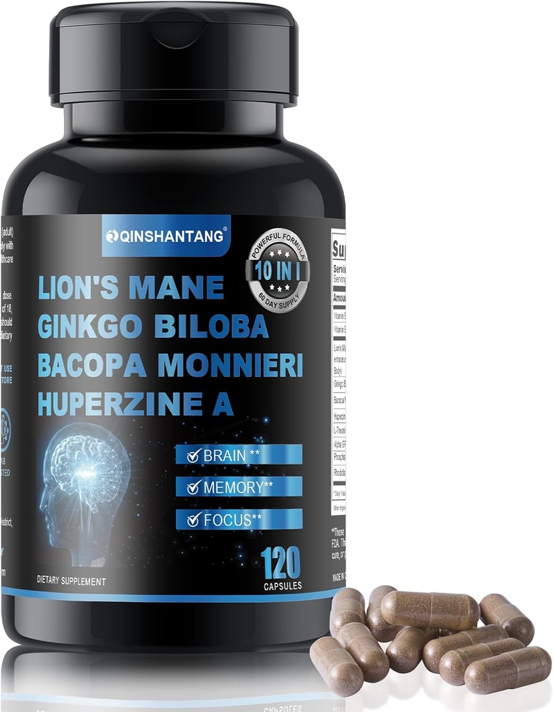 Lion 's Mane Supplement kapsler Bacopa Monnieri- 120 Capsules Lion' s Mane Mushroom Blend, 10 i 1 for forbedret hukommelse, fokus og hjerne støtte