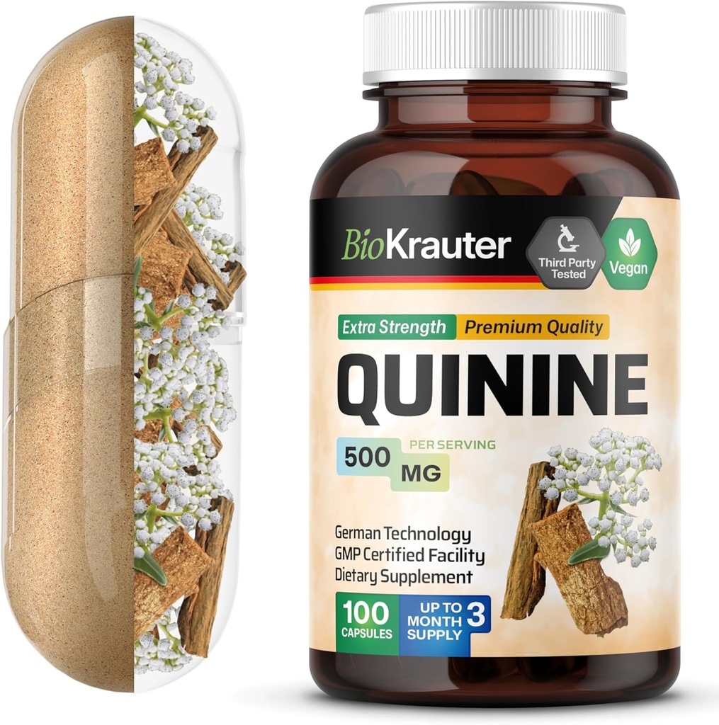BIO KRAUTER Quinin for ben kramper kapsler 500 mg - 100 greve - Cinchona Bark pulver - Quinine kapsler - Vegan, Ingen Fillers