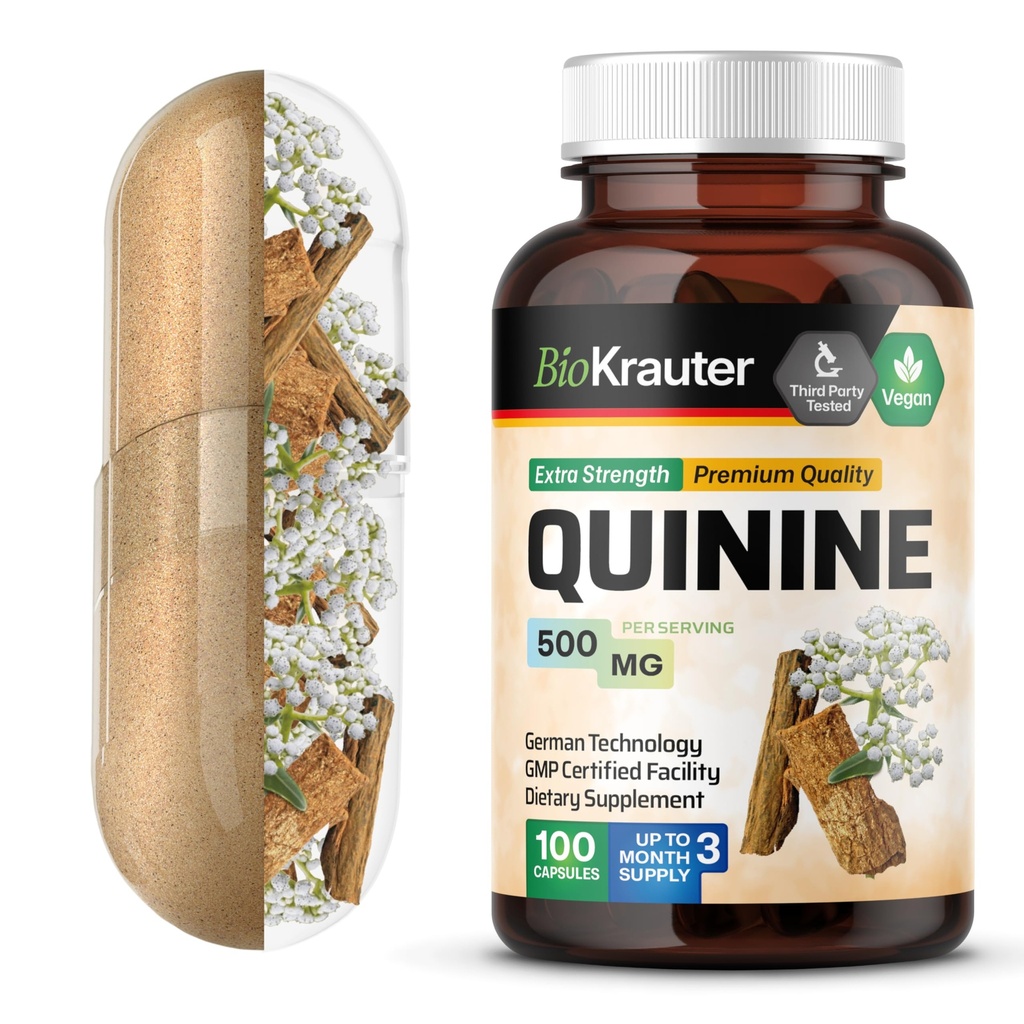 BIO KRAUTER Quinin for ben kramper kapsler 500 mg - 100 greve - Cinchona Bark pulver - Quinine kapsler - Vegan, Ingen Fillers