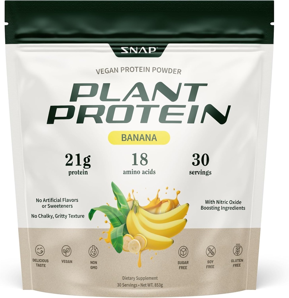 Snap kosttilskud Økologisk Plante baseret Vegan Protein Powder Nitroxid Boosting Protein Powder, BCAA Aminosyre til muskelvækst, ydeevne & inddrivelse - 30 Servere (Banana)