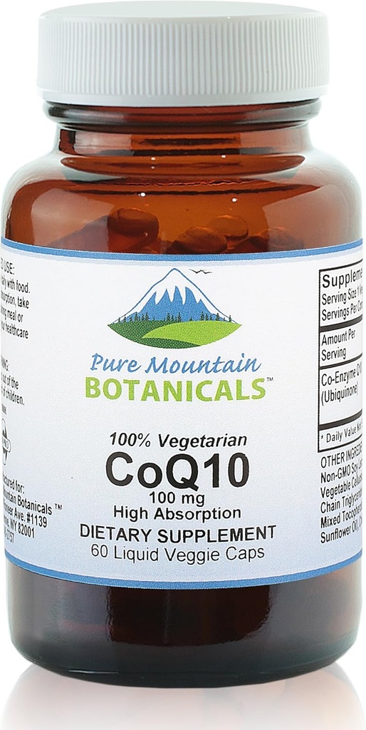 Pure Mountain Botanicals Coq10 100mg Softgels - 60 Vegan Kosher kapsler med Ubiqunone Coenzym Q10 supplement