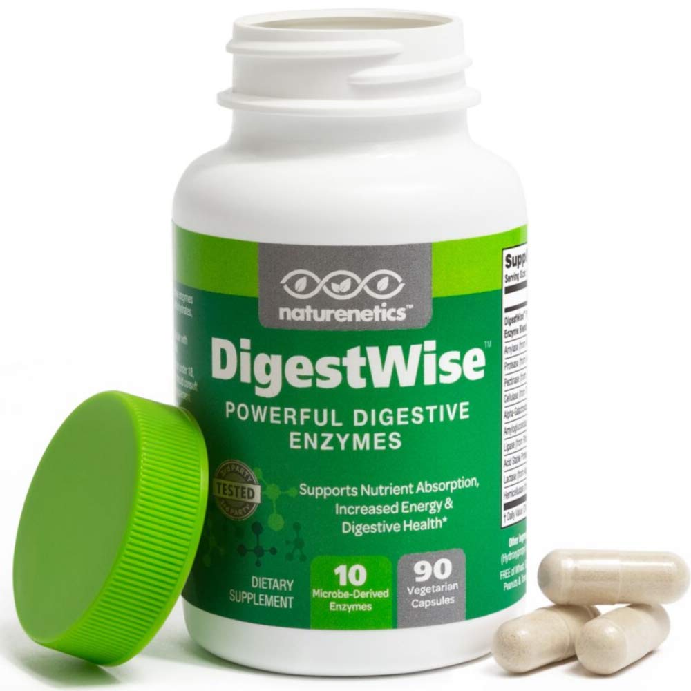 Naturenetik DigestWise fordøjelsesenzymer - 10 kraftfulde Veganske enzymer til støtte fordøjelse, gas, bloating & constipation Relief - Keto Friendly - Lab Testet - 90 kapsler (1)