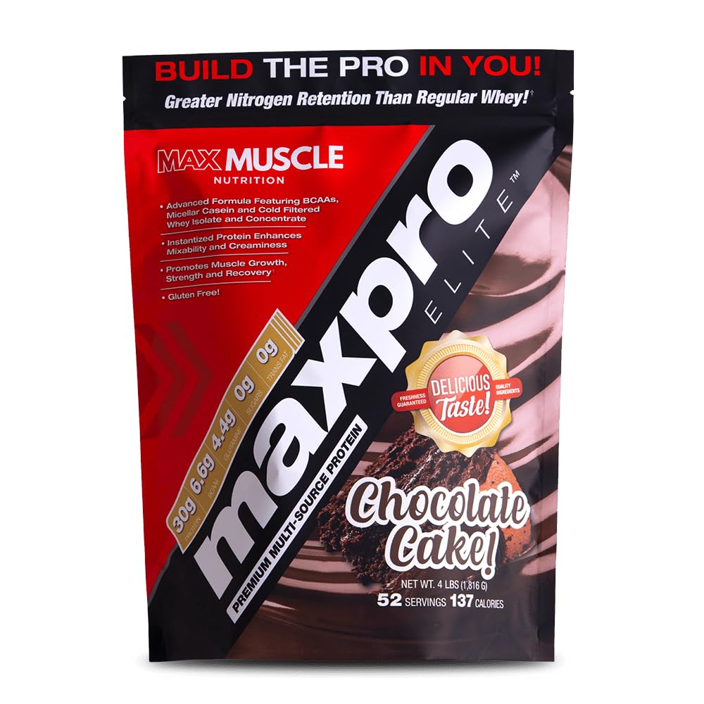 Max Muscle Maxpro Elite Whey Protein Powder Medical 124; 30g Protein Medical 124; 0g Sugar Medical 124; 6,6g BCAAs Medical 124; Micellar Casein Cold Filtered Whey Isolate Protein Medical Growth & Recovery (Chocolate Cake, 4lb)