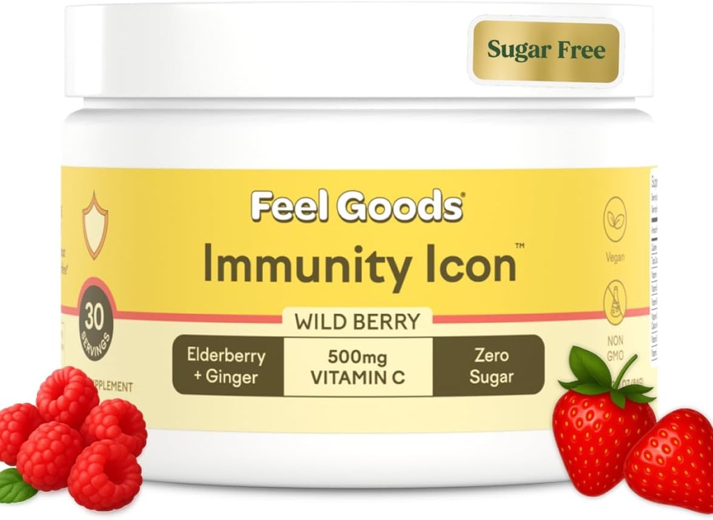Mærk produkter Immunitet Icon, Zero Sugar, C-vitamin, A, B, D, E & Zink, Organic Elderberry, Ashwagandha, Drink Mix Powder, Vegan, Non GMO, Koffein & Gluten Free Buddy 124; Wild Berry, 30 Servere